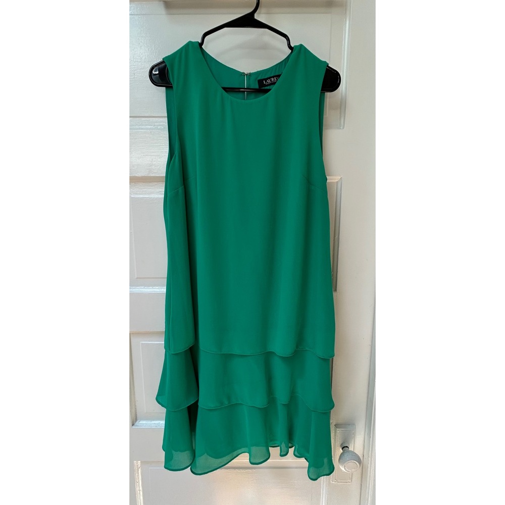 Lauren Ralph Lauren Tiered Ruffle Sleeveless Shift Dress Palm Leaf Green 8 NEW
